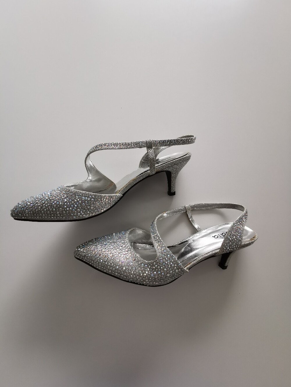 Prom Bridal Silver Iridescent Rhinestone Slingback Pointed Toe Kitten Heel Heels